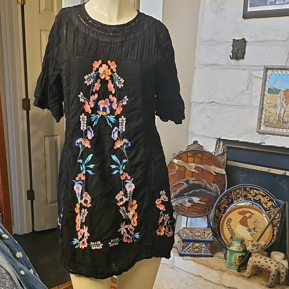 Free People Bohemian Black Floral Embroidered Mini Dress, Size Small